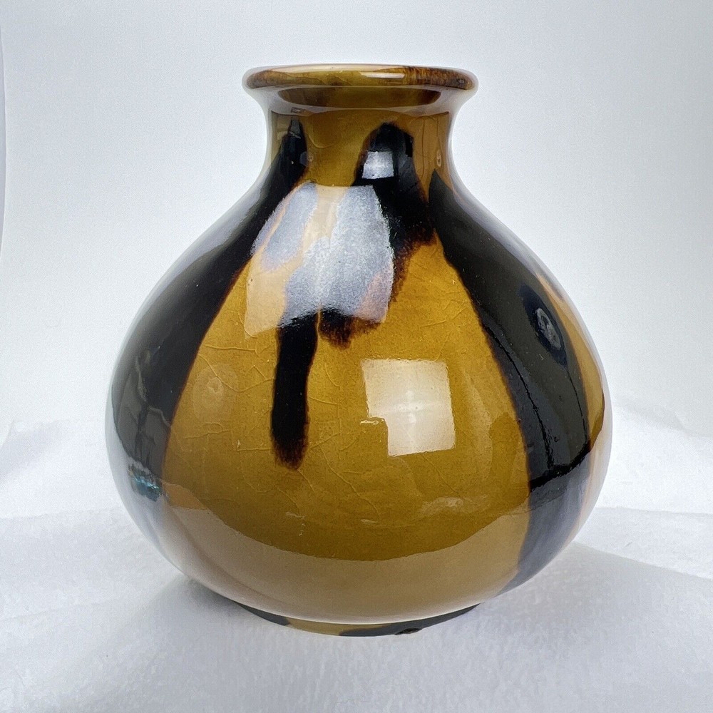 Vintage Mid Century Modern Vase Brown and Amber Vase Pottery Clay Bud Flowers